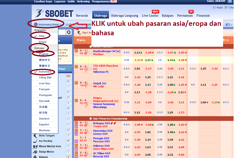 cara ubah setting bahasa sbobet